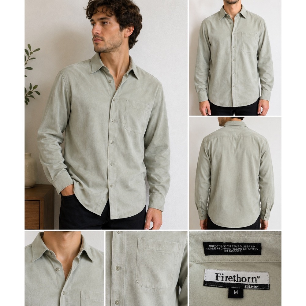 Firethorn Silver Shirt Mens M Sage Green Faux Suede Button Up Long Sleeve Soft